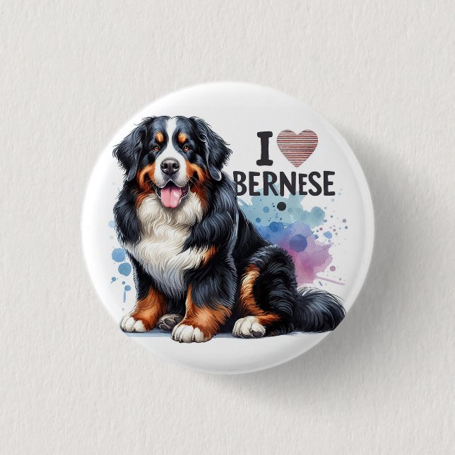 Wasserfarbe I Liebe Mein Berner Hund Button (Vorderseite)