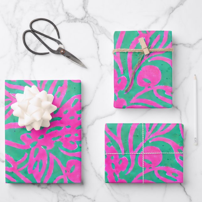 Wasserfarbe Inspiriert Rosa Aqua Damask Geschenkpapier Set (Vorderseite)