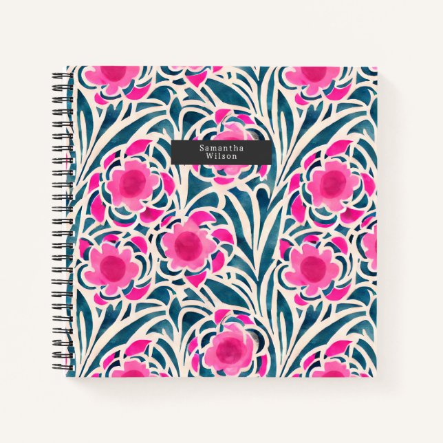 Wasserfarbe Inspiriert Rosa + Blau Botanische Blüt Notizbuch (Vorderseite)