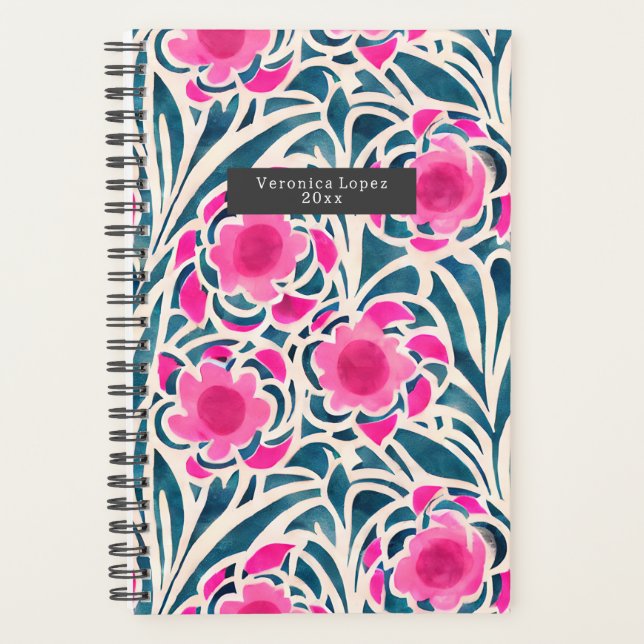 Wasserfarbe Inspiriert Rosa + Blau Botanische Blüt Planer (Vorderseite)