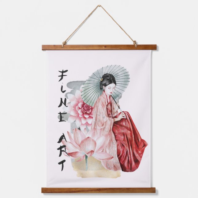 Wasserfarbe Japanisch Frau Umbrettin Wandteppich Mit Holzrahmen (Vorderseite)