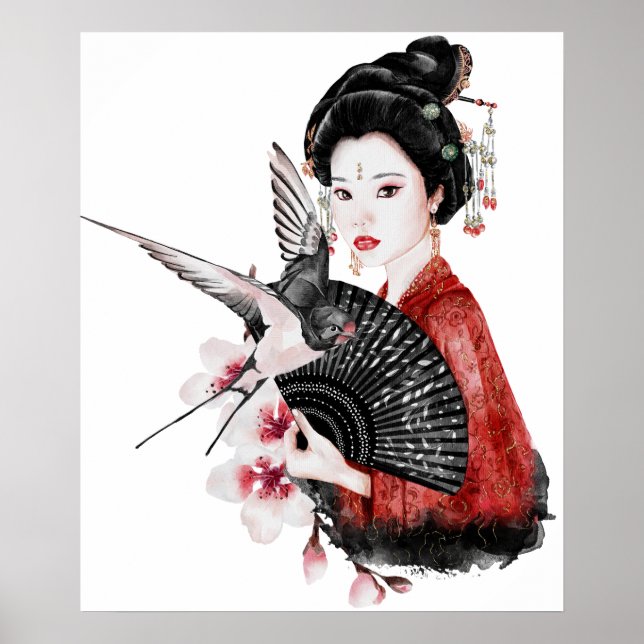 Wasserfarbe Japanisch Frauen Sparrow Handfan Kunst Poster (Vorne)