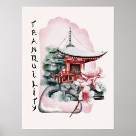 Wasserfarbe Japanischer Tempel Sakura Blossom Poster