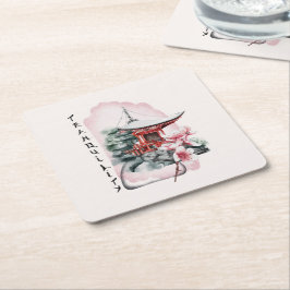 Wasserfarbe Japanischer Tempel Sakura Blossom Rechteckiger Pappuntersetzer