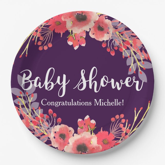 Wasserfarbe Jewel Tone Blume Kinderdusche Pappteller (Vorderseite)