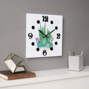 Wasserfarbe , Kakteen, Sukkulturen Quadratische Wanduhr
