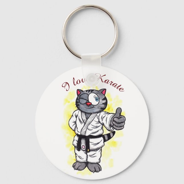 Wasserfarbe Karate Kitten stehend und lächelnd Schlüsselanhänger (Vorderseite)