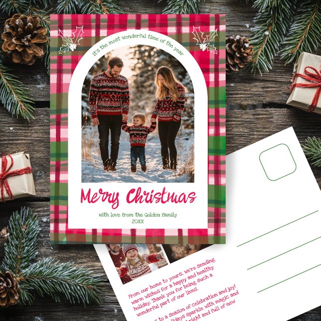 Wasserfarbe Kariert Weihnachten Custom Arch 3 Foto (Watercolor Plaid Rustic Minimalist Christmas Arched Photo 3 Photo CUSTOM Holiday Postcard
)