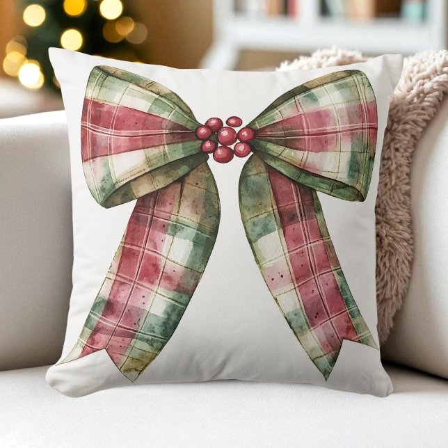 Wasserfarbe Karierte Weihnachtsbow Rot Grün Rustik Kissen (Watercolor Plaid Christmas Bow Red Green Rustic Throw Pillow)