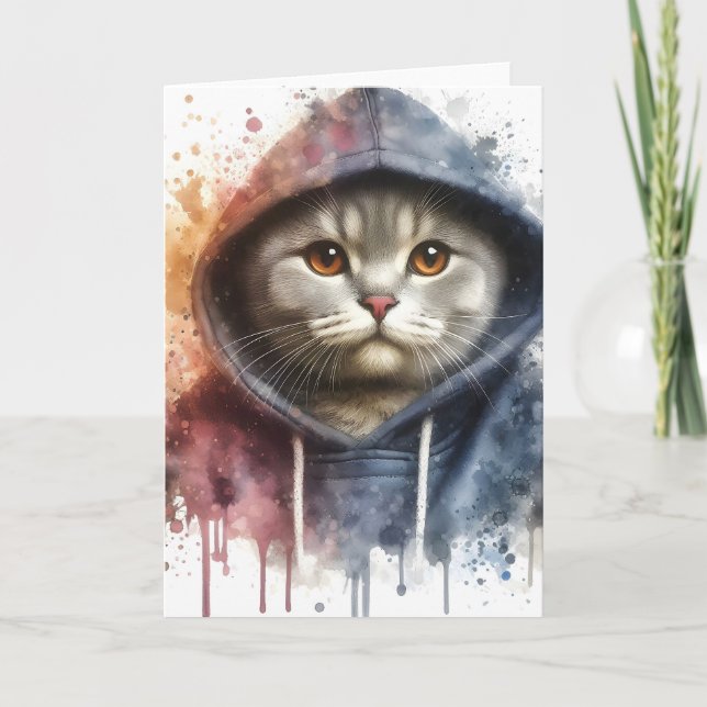 Wasserfarbe Katze in blauem Hoodie Splash Art Blan Karte (Vorderseite)