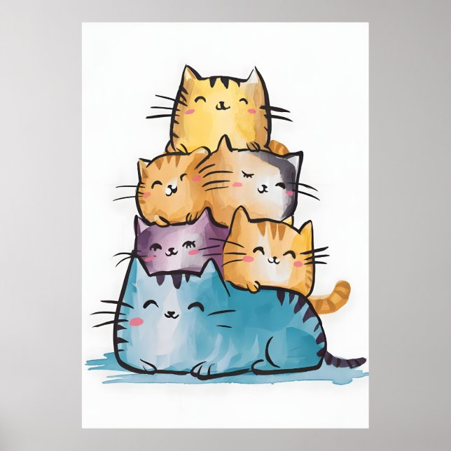 Wasserfarbe Katzen digitale Malerei Poster (Vorne)