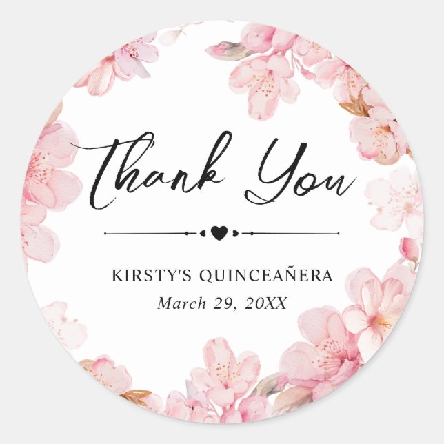Wasserfarbe Kirsche Blossom Wreath Quinceanera Runder Aufkleber (Vorderseite)