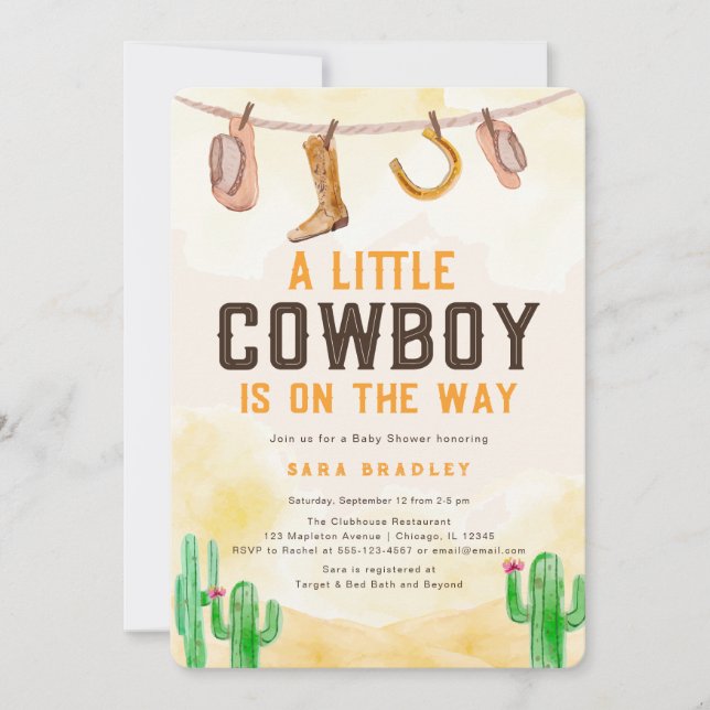 Wasserfarbe Kleine Cowboy-Western Kinderdusche Einladung (Vorderseite)