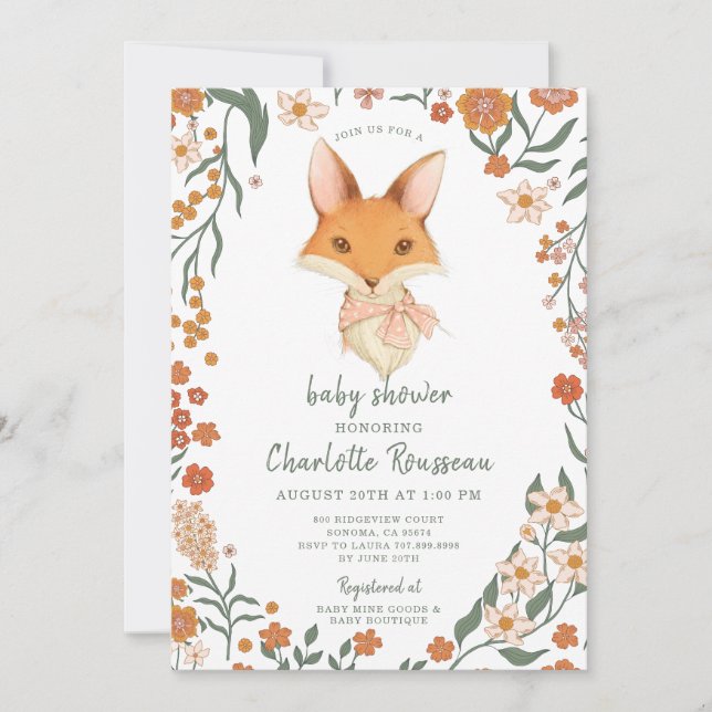 Wasserfarbe Kleine Fox Floral Girl Babydusche Einladung (Vorderseite)