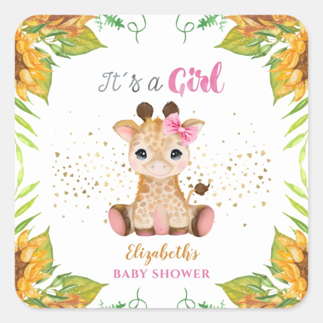 Wasserfarbe Kleine Giraffe Wilde Blume Kinderdusch Quadratischer Aufkleber (Vorderseite)