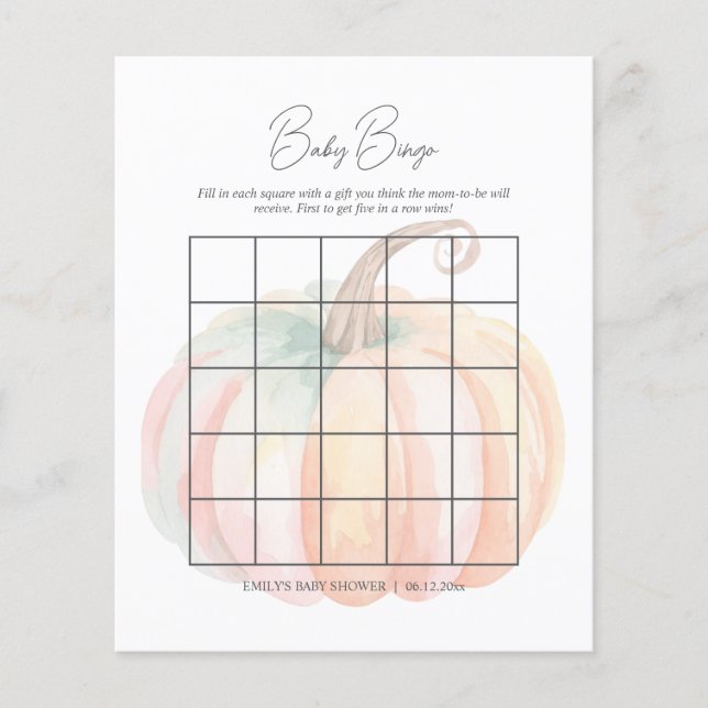 Wasserfarbe Kleine Pumpkin Baby Dusche Bingo Spiel (Vorderseite)