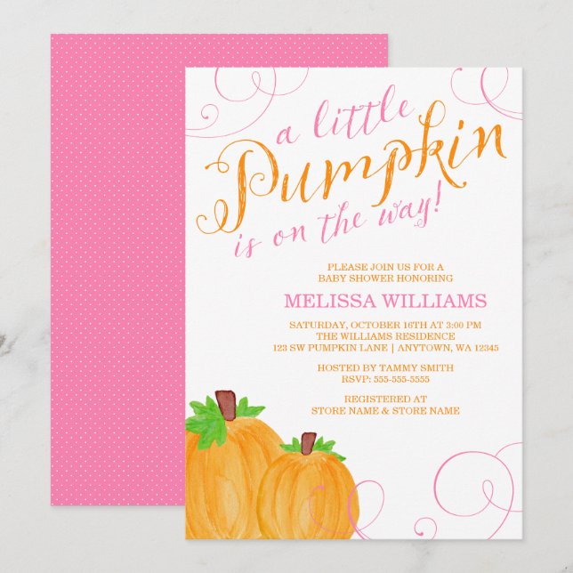 Wasserfarbe Kleine Pumpkin Fall Girl Babydusche Einladung (Vorne/Hinten)