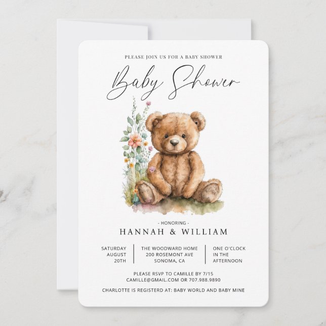 Wasserfarbe Kleine Teddy Bären Blume Babydusche Einladung (Vorderseite)