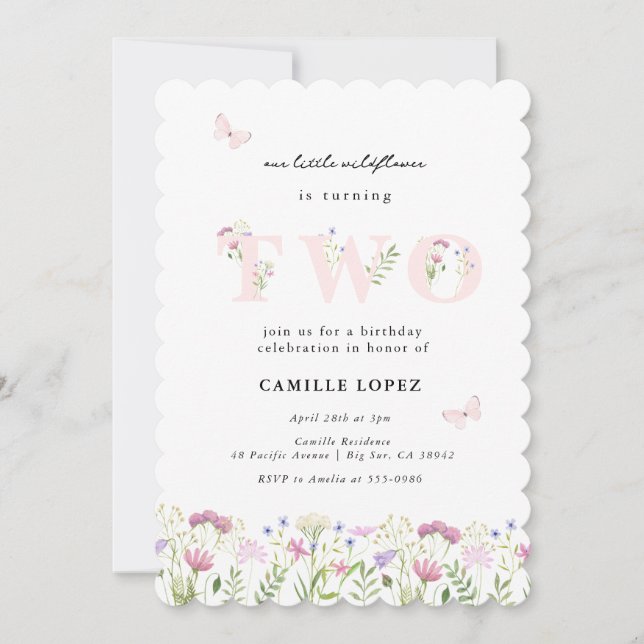 Wasserfarbe Kleine Wildblume 2. Geburtstag Einladung (Vorderseite)