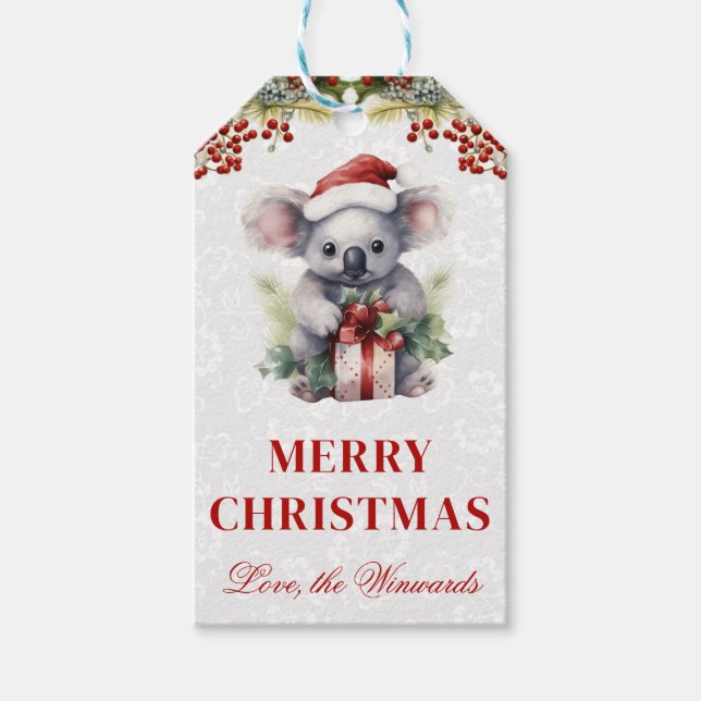 Wasserfarbe Koala und Winter Holly Weihnachten Geschenkanhänger (Vorderseite)