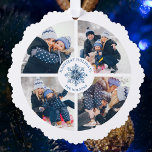 Wasserfarbe Kristall Blauer Snowflake 4 Fotomateri Ornament Karte<br><div class="desc">Dieses fröhliche und festliche Collage Design mit vier Fotomaterien mit einem weißen Kreis in der Mitte und einer kunstvollen Aquarellschneeflocke im blauen Kristall-Stil mit gekrümmten Textfeldern.</div>