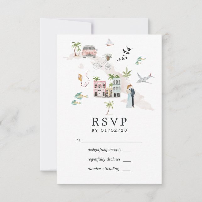 Wasserfarbe Kuba Hochzeit in Urlaubsort RSVP Karte (Vorderseite)