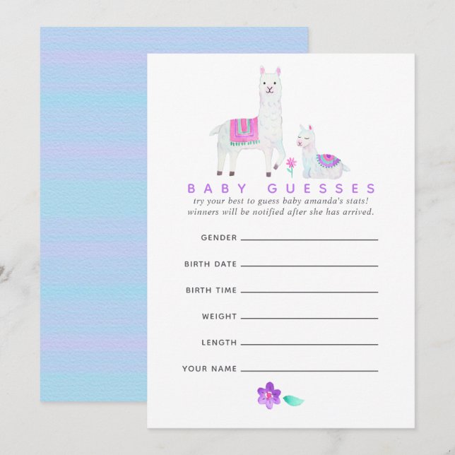Wasserfarbe Lama Thema Baby Shower Guessing Game Einladung (Vorne/Hinten)