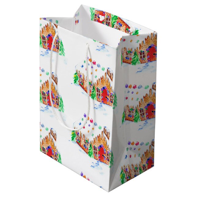 Wasserfarbe Lebkuchen Haus Niedlich Frohe Weihnach Mittlere Geschenktüte (Rückseite Schrägansicht)