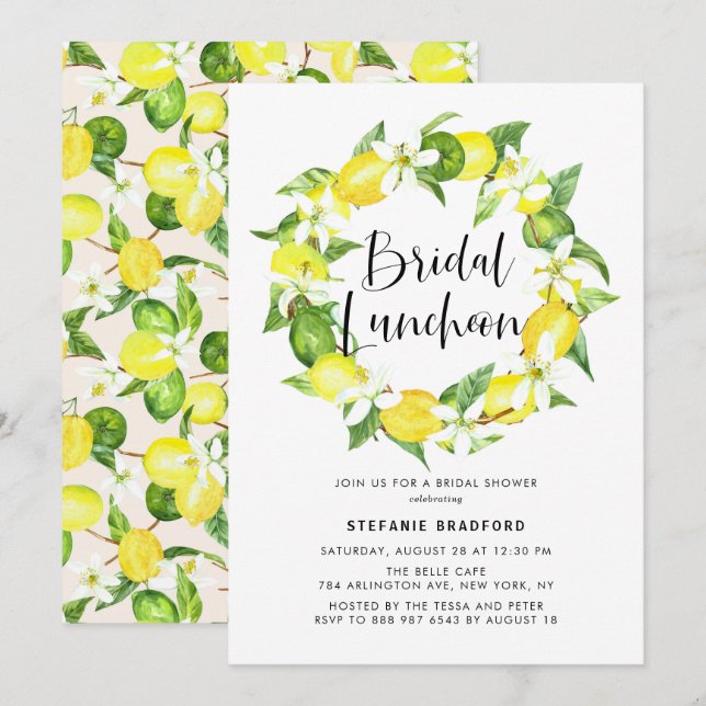 Wasserfarbe Lemon Blossom Wreath Bridal Luncheon Einladung (Vorne/Hinten)