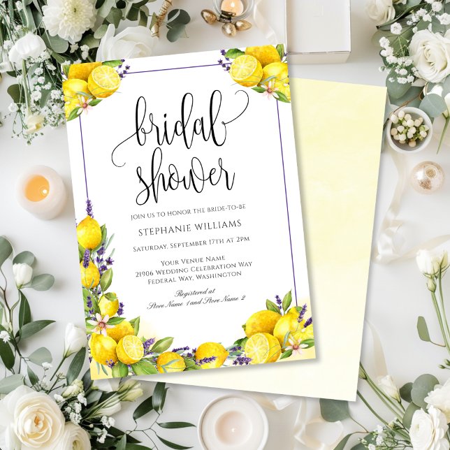 Wasserfarbe Lemon Lavender Boho Brautparty Einladung (Watercolor Lemon Lavender Boho Bridal Shower Invitation)