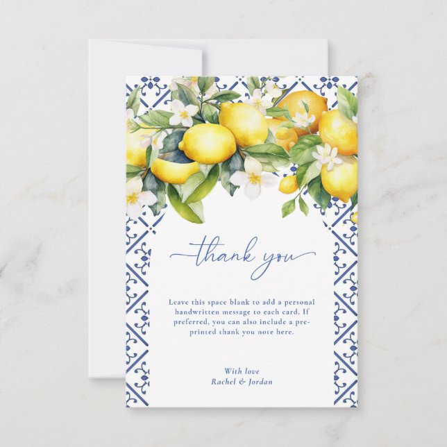 Wasserfarbe Lemon Mediterrane Hochzeit Italienisch Dankeskarte (Vorderseite)