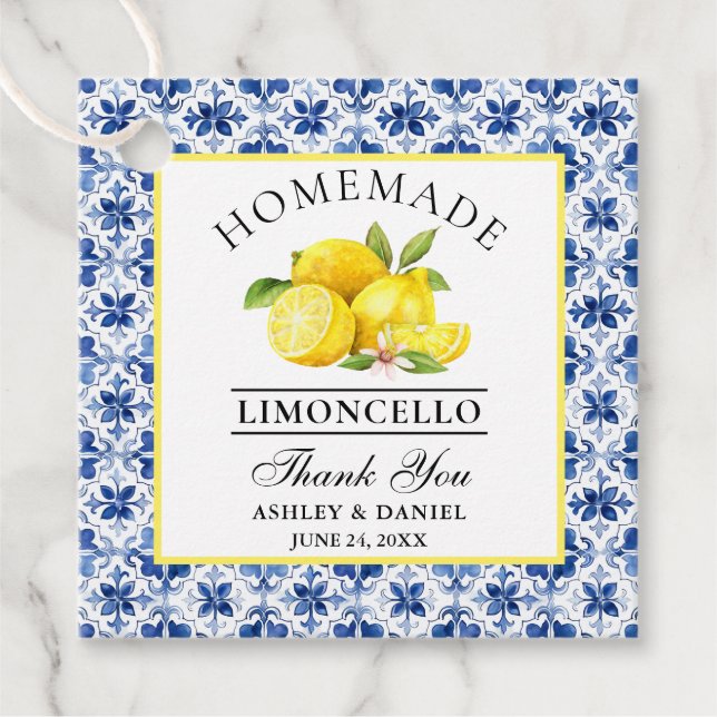 Wasserfarbe Lemons Blue Tile Limoncello Danke Geschenkanhänger (Vorderseite)