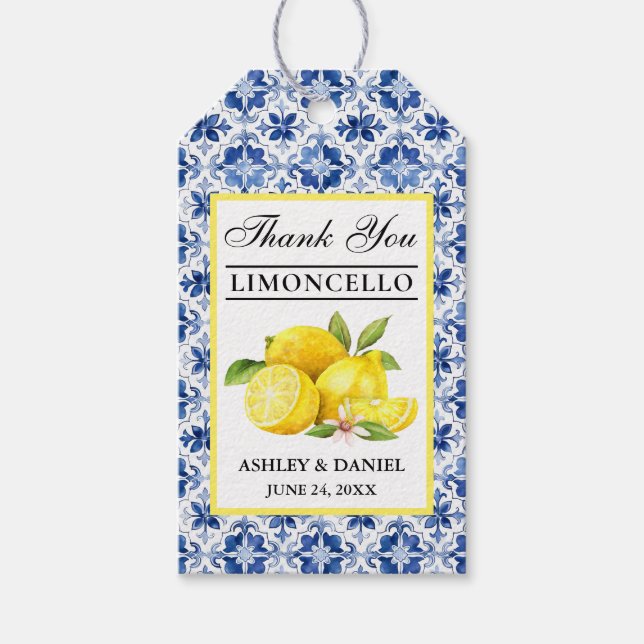 Wasserfarbe Lemons Blue Tile Limoncello Danke Geschenkanhänger (Vorderseite)