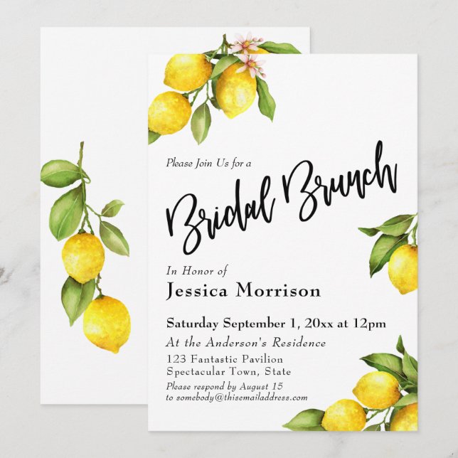 Wasserfarbe Lemons Bridal Brunch Typografie Einladung (Vorne/Hinten)