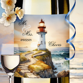 Wasserfarbe Leuchtturm Elegante Hochzeit Weinetikett