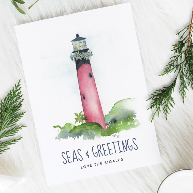 Wasserfarbe Leuchtturm Florida Strand Weihnachten (Watercolor Lighthouse Beach Christmas Card Florida Holiday)