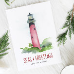 Wasserfarbe Leuchtturm Florida Strand Weihnachten<br><div class="desc">Feiern Sie Weihnachten im Juli 2025 oder ein warmes Wetter-Urlaubssaison mit diesen charmanten Weihnachtskarten, mit einer handbemalten Aquarellfarbe des ikonischen Jupiter, Florida Küste Leuchtturm in festlicher Garlandschaft. Set vor einem knusprigen, weißen Hintergrund, der nautische Gruß "Seas and Greetings" ist in modernem Beerenpinsel-Skript gestaltet und ist somit eine ideale Wahl für...</div>