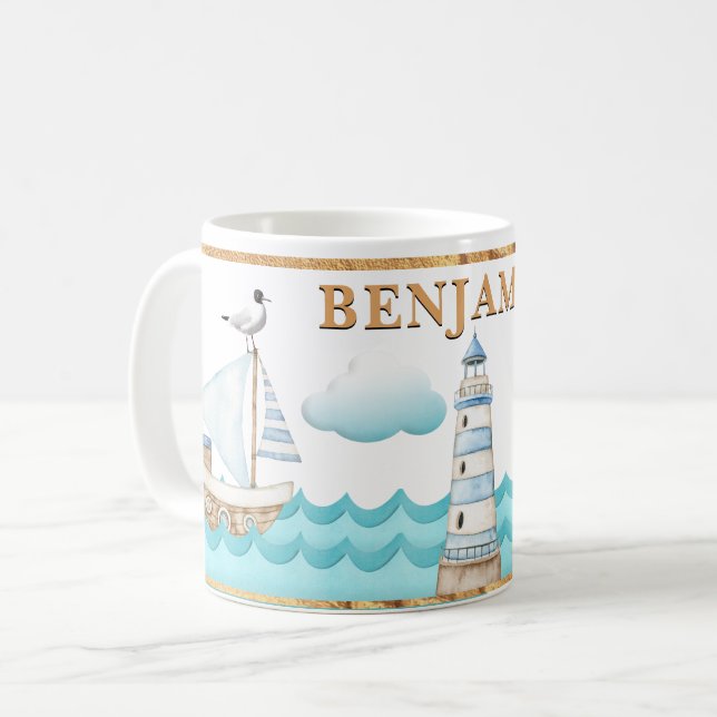 Wasserfarbe Leuchtturm Sailboote Tasse (Vorderseite Links)