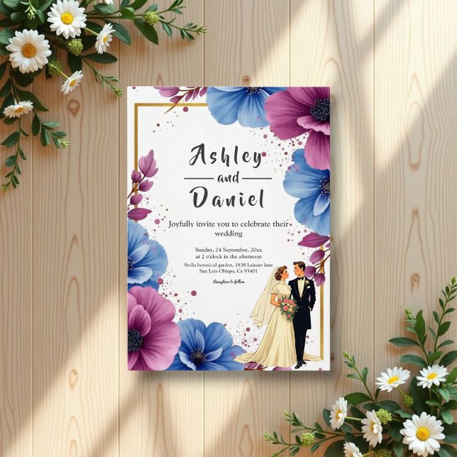 Wasserfarbe Lila Blaue Blumen Elegante Hochzeit Einladung (Von Creator hochgeladen)