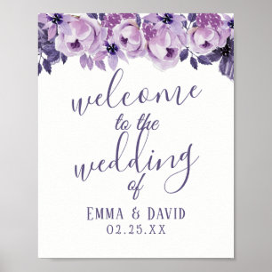 Wasserfarbe Lila Blumen Elegante Hochzeit Willkomm Poster