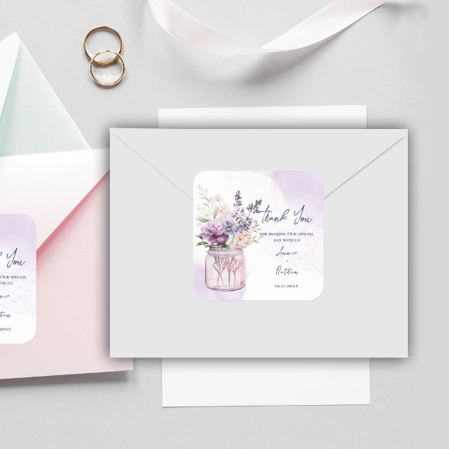 Wasserfarbe Lila Blumenhochzeit Vielen Dank Quadratischer Aufkleber (Watercolor Purple Floral Wedding Thank You Square Sticker)