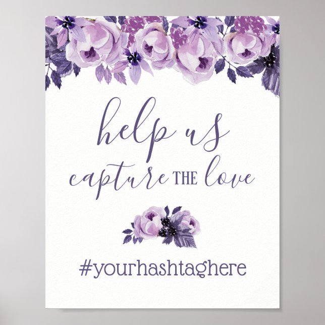 Wasserfarbe Lila Blütenelegante Hochzeitshashtag Poster (Vorne)