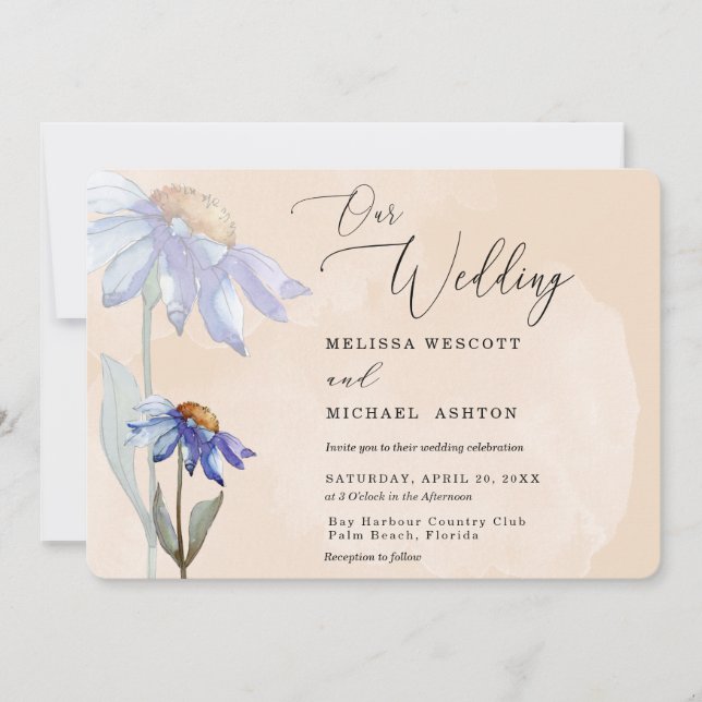 Wasserfarbe Lila Daisy Rustikale Hochzeitspfirsich Einladung (Vorderseite)