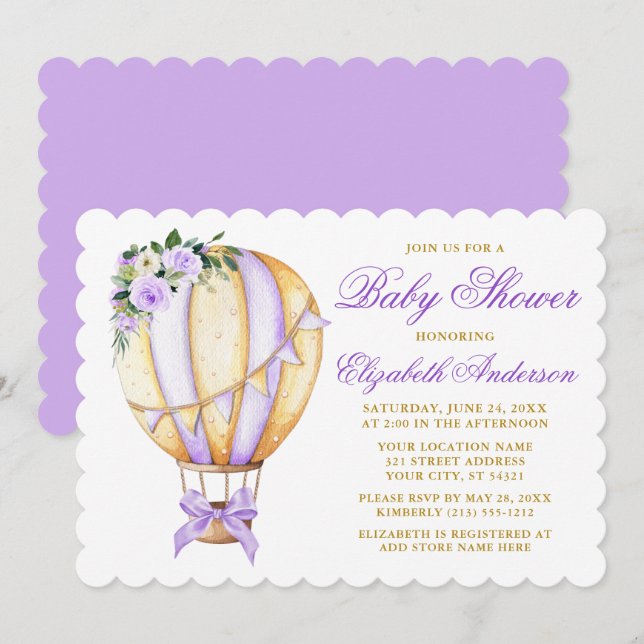 Wasserfarbe Lila Floral Balloon Babydusche Einladung (Vorne/Hinten)