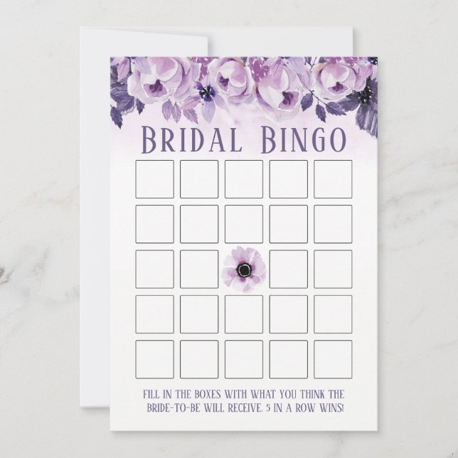 Wasserfarbe Lila florales Brautparty Bingo Einladung (Vorderseite)