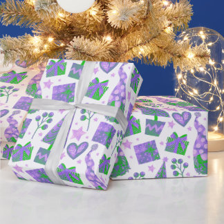 Wasserfarbe Lila Grün Feierliche Gnomen Weihnachte Geschenkpapier