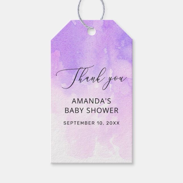 Wasserfarbe lila Lavendel Babydusche Vielen Dank Geschenkanhänger (Vorderseite)