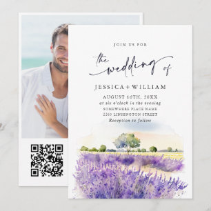 Wasserfarbe Lila Lavendelfeld Hochzeitsfoto QR Einladung