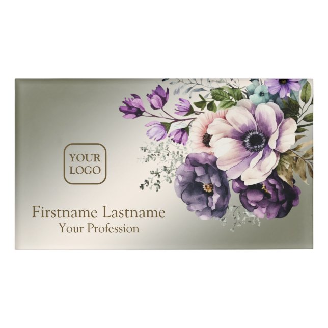 Wasserfarbe Lila Rosa Blume Namenschild (Vorderseite)