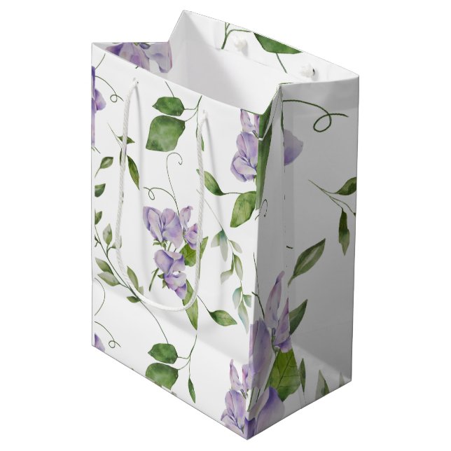 Wasserfarbe Lila Süße Erbsen Blume Elegant Mittlere Geschenktüte (Vorderseite Schrägansicht)